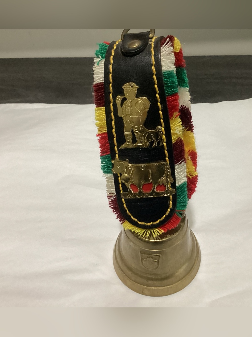 Vtg.  T Hilda’s Swiss Brass Cowbell with colorful leather and fabric strap